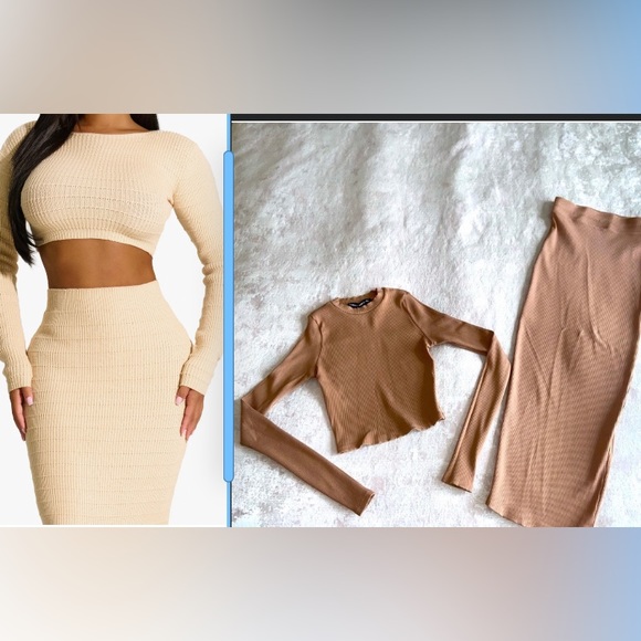 Naked Wardrobe body-con rib set pencil skirt crop top dress mocha caramel S - Picture 1 of 12